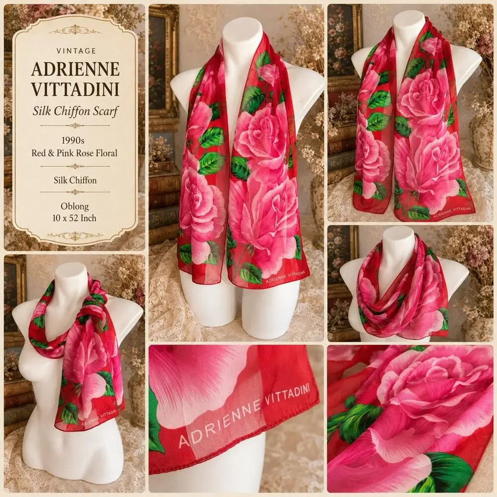 Vintage Adrienne Vittadini Silk Chiffon Scarf 1990s Rink Red Rose Floral 10x52